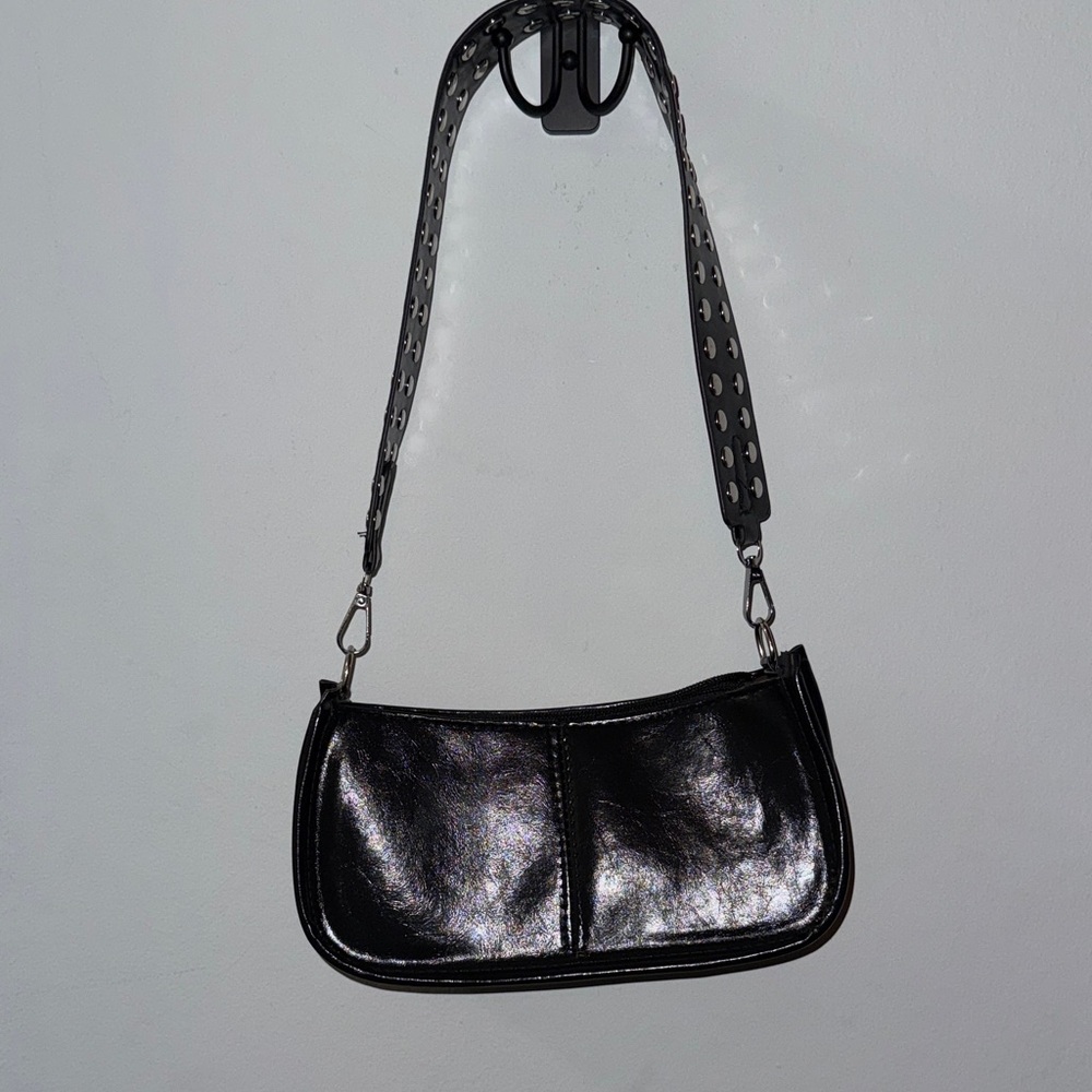 Black Faux Leather Shoulder Bag